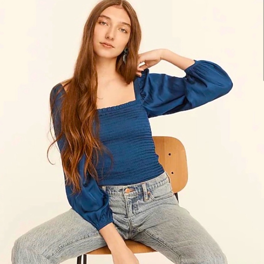 J. Crew | Squareneck Smocked Featherweight Satin Cropped Top, Navy Blue, XL -EUC